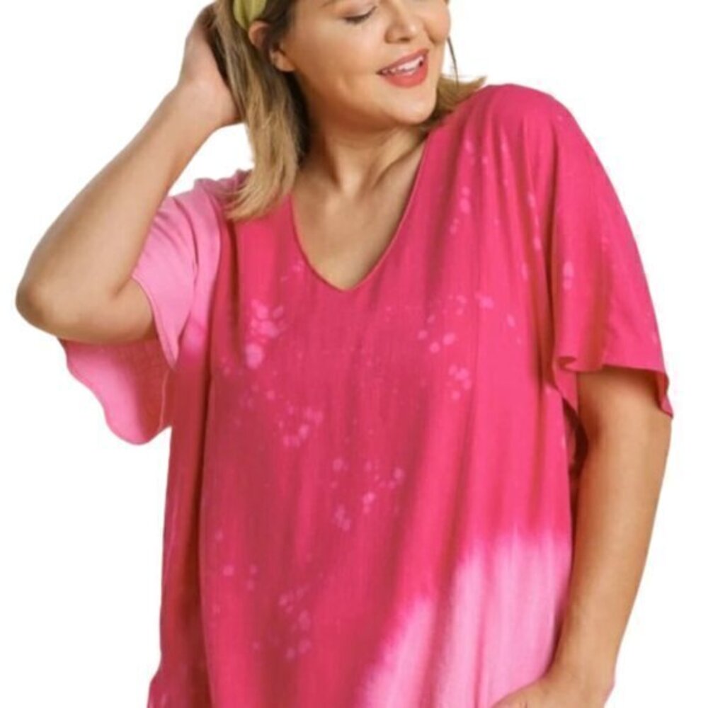 [Umgee] Linen Blend Bleach Dip Dye V-Neck Top With Fringe Hems - Size XL